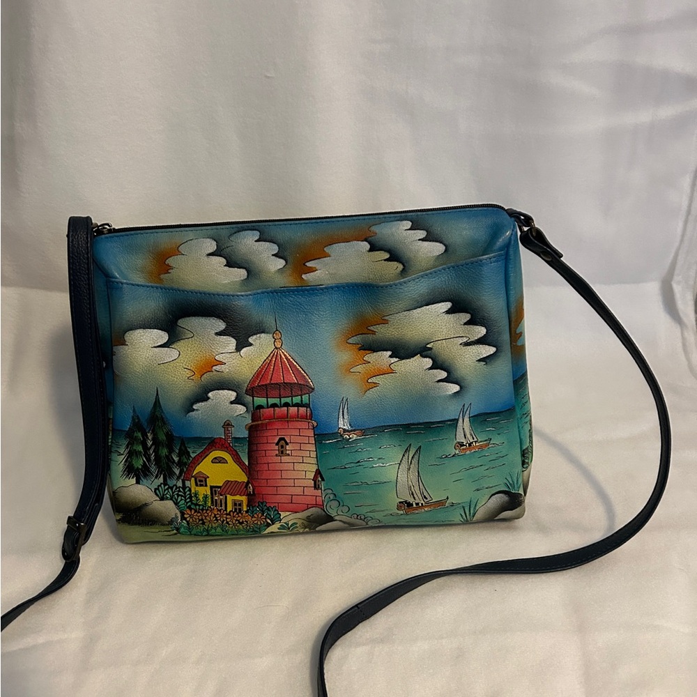 Anuschka Blue and Red Lighthouse Crossbody Bag